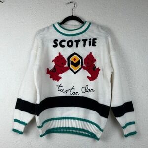 Mister Noah White Sweater - Large - Vintage Scottie Tartan Clan Knit Graphic